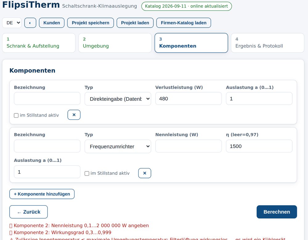 FlipsiTherm Ergebnis: Kühlung, Heizleistung und Taupunkt mit Geräte-Empfehlungen