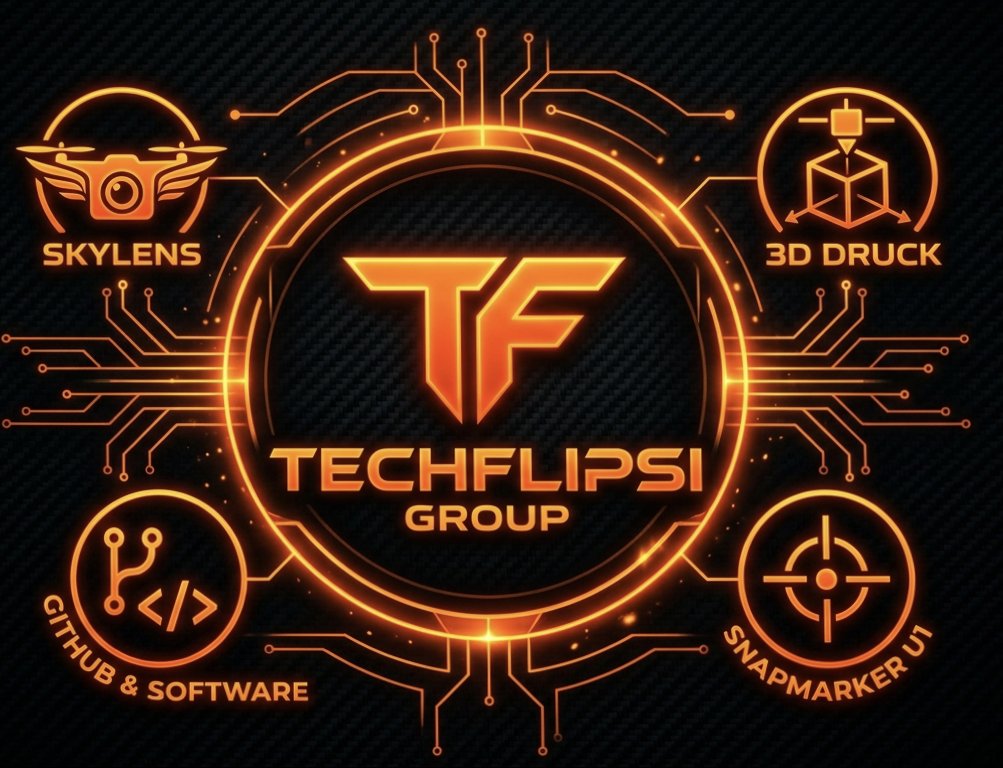 TechFlipsi Group — Emblem mit den Bereichen SkyLens, 3D-Druck, GitHub & Software und Snapmarker U1